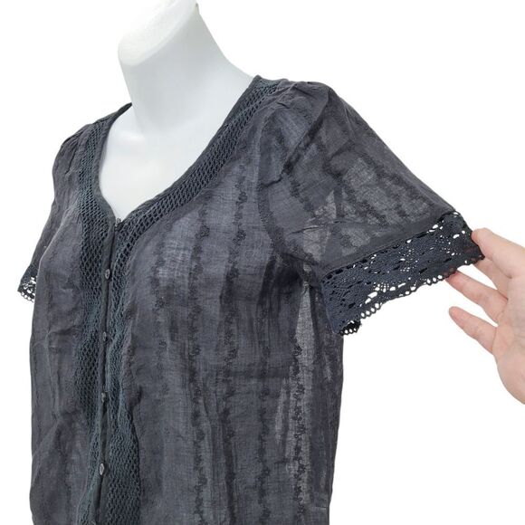 2/$20 Y2K Black See Through Buttons Down Top Blouse 100% Cotton Size: Small - Picture 4 of 8